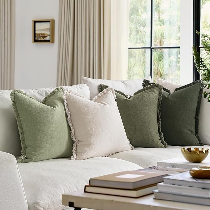 MIULEE Decorative Couch Pillow Covers Neutral Linen Fringe Throw Pillows Set of 4 Boho Farmhouse Soft Accent Cushions for Bed Sofa Living Room Spring Home Decor 22x22 Inch Beige/Sage Green
