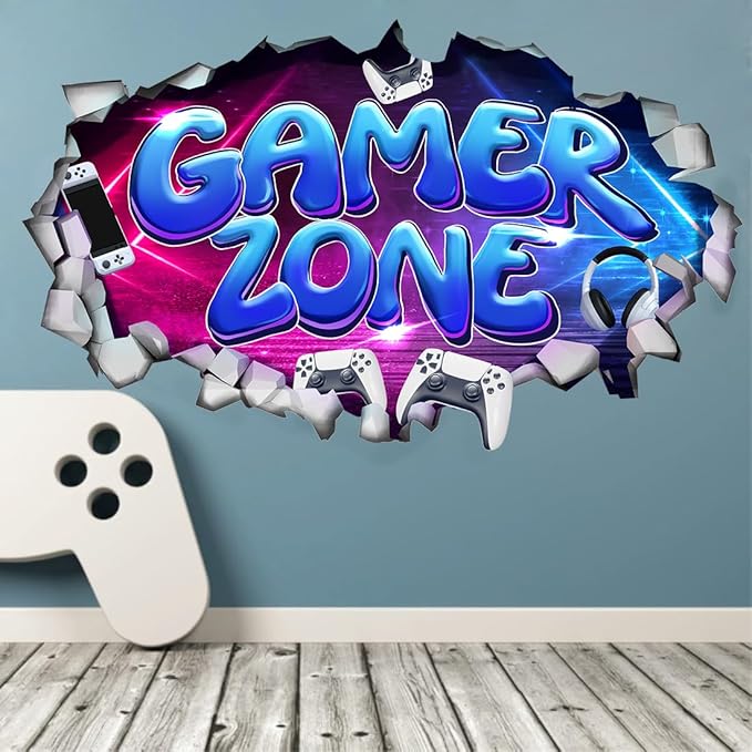 Large 3D Gamer Zone Wall Decals (20.7”x34.6”), Video Gaming Vinyl Wall Stickers for Game Lover, Removable Video Game Artwork for Boys Playroom Bedroom Decor
