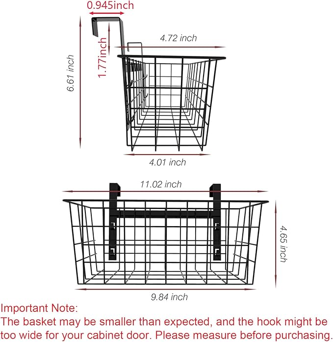 MaraFansie Basket with Hook, Grid Storage Basket, Over the Cabinet Door Organizer, Wire Hanging Basket with Hook Over the Railing, Under Sink Kitchen Cabinet, Pantry, Bathroom, Black, 2 Pack