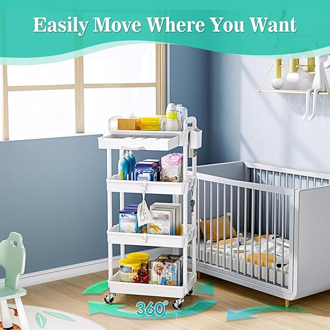 4 Tier Rolling Utility Cart with Drawer, Storage Organizer Cart with 2 Lockable Wheels, Multifunctional Rolling Storage Cart for Bathroom, Kitchen, Craft, Makeup, Baby Essentials, White