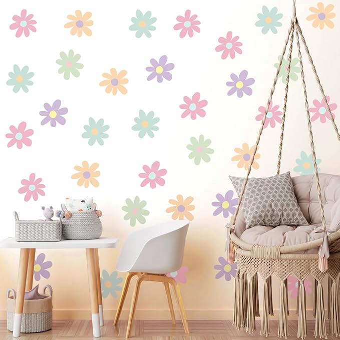 BBTO Daisy Wall Decal Flower Vinyl Wall Decals Daisy Stickers Floral Decals Peel and Stick for Nursery Art Bedroom Living Room(Simple Style,Novel Color)
