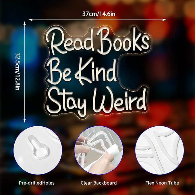 Neon Sign, Read Books Be Kind Stay Weird Neon Signs for Wall Decor Warm White LED Neon Light Up Signs Home Decor for Study Room Bookstore Bedroom Business Club Decoration USB Operated