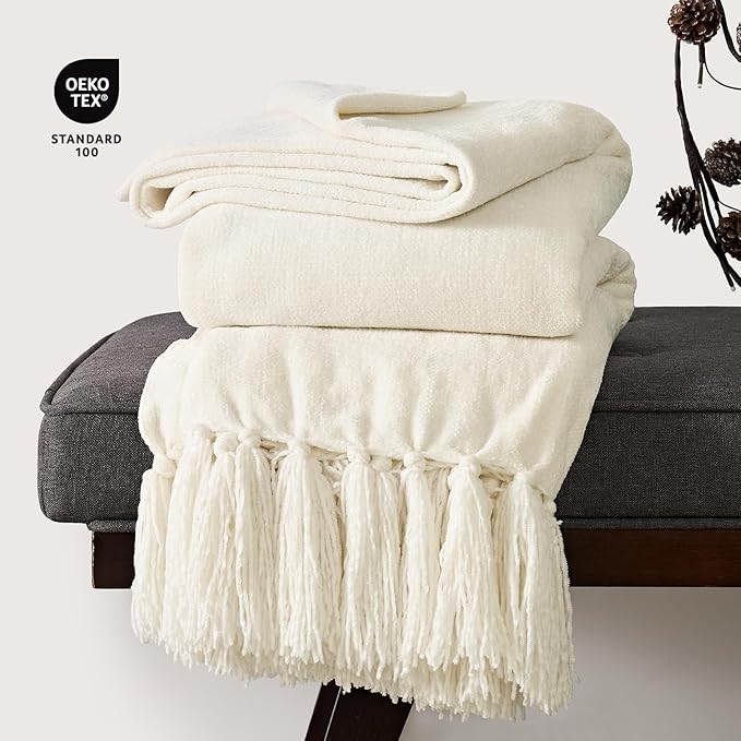 EverGrace Soft Chenille Throw Blanket for Couch, Cozy Plush Fuzzy Decorative Chenille Knit Throw Blanket with Tassels, Lightweight Blanket and Throws for Bed Sofa Gift Home Decor, Ivory White 60"x80"