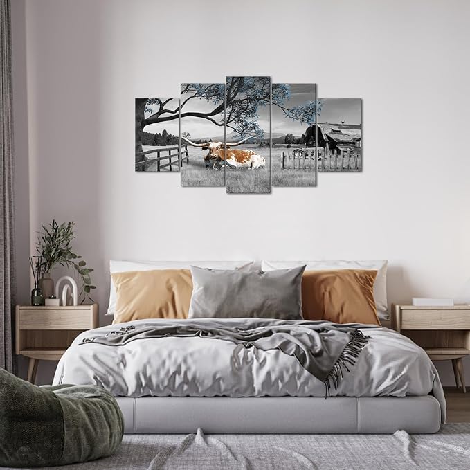 iKNOW FOTO Black and Blue 5 Panel Cow Countryside Canvas Art - Rustic Farm Picture with Barn Truck, Rural Landscape Wall Decor for Farmhouse, Bedroom, Living Room, Office