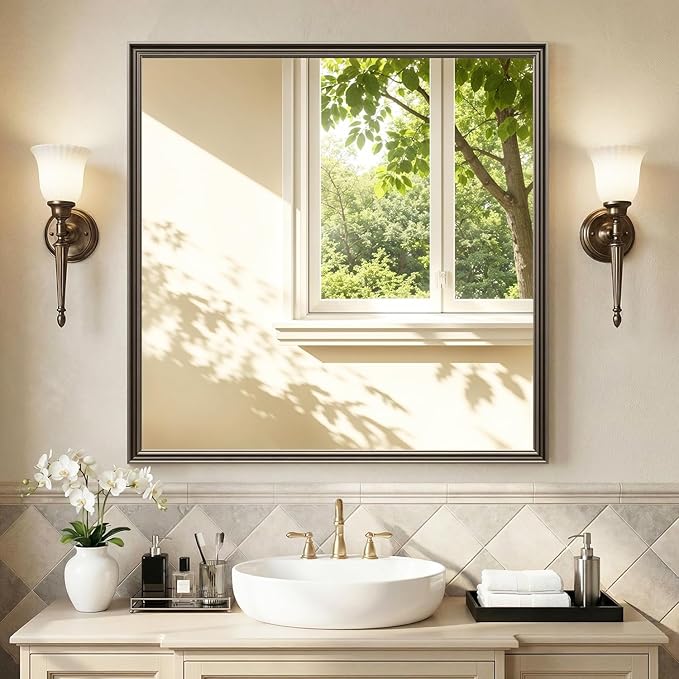 Retro Copper Effect Framed Wall Mirror, 36x36 Rectangle Mirror, Anti-desilvering Tempered Glass, Sustainable&Sturdy Frame, Anti-Rust, HD Reflection &3min Fast Setup for Bathroom Living Room