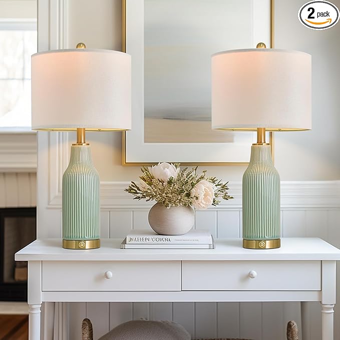 24.5" Modern 3-Way Dimmable Touch Control with 5FT Cord and USB A+C Ceramic Lamps Set of 2 Table Lamp for Living Room Bedroom Farmhouse Nightstand Bedside Green