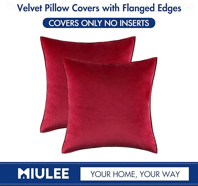 MIULEE Red Velvet Throw Pillow Covers 18x18 Soft Decorative Solid Square Cushion Cases Pack of 2 Modern Luxury Home Decor for Couch, Sofa, Bedroom