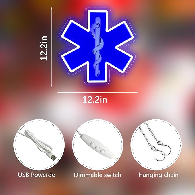 Star of Life LED Neon Sign, 12 x 12 Inches, Pink, USB Powered Wall Decor for EMT Paramedic, Garage, Game Room, Bedroom, Man Cave