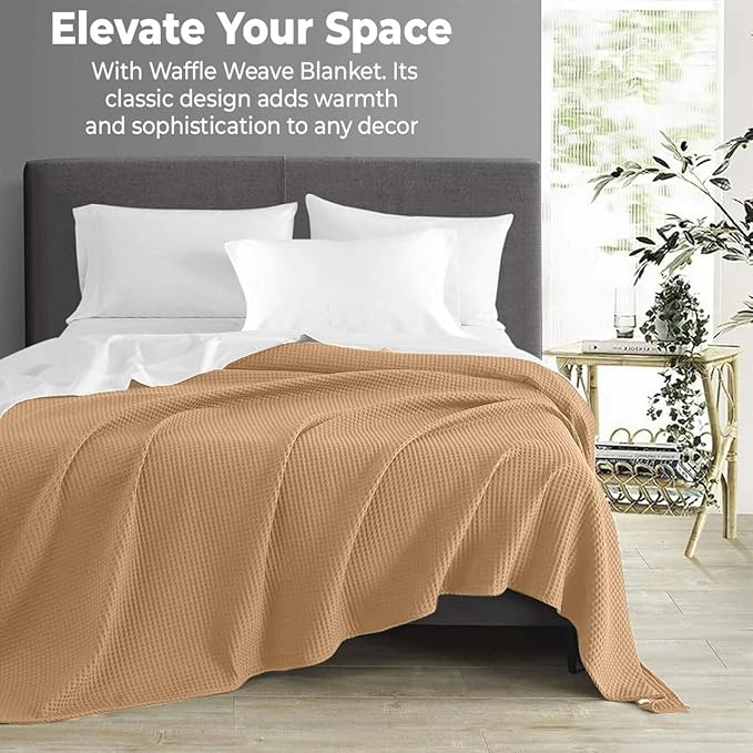 100% Cotton Blankets for Bed - Waffle Weave Blankets for Summer, Lightweight and Breathable Soft Woven Blanket for Spring (Beige, Throw (50" x 60"))