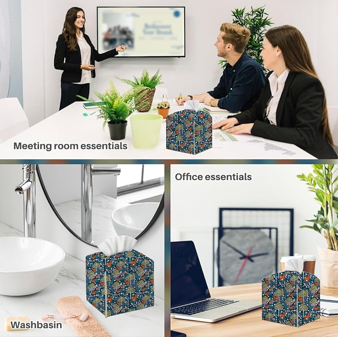 Tissue Box Cover, Tissue Box Holder, Square with Belt Bottom, PU Leather Decorative Organizer for Desk, Tabletop, Countertop Bathroom, Toilet Car, Office, Bedside, Kitchen, Deer Tree Flower Decor