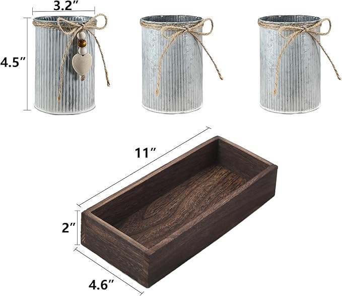 Artificial Sunflower Decorative Centerpiece, Rustic Table Centerpieces Home Decor for Dining Room, Farmhouse Wood Planter Box with 3 Galvanized Metal Pots Decorative