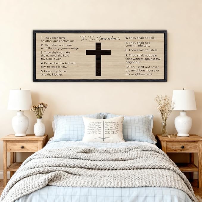 Ten Commandments Rustic Bible Verse Framed Wall Art 40" x 15" Black Religious Christian Slogan Representing God Jesus Christ Prayer Vintage Holy Inspirational Catholic Scripture Decor
