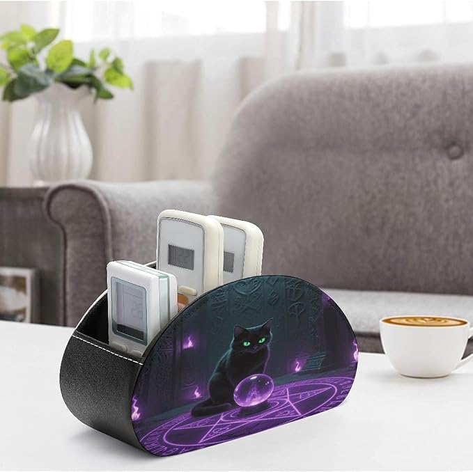 Witchcraft Cat Remote Control Holder Organizer Box with 5 Compartment PU Leather Bedside Storage Caddy Remote Organizer for Controller Media Player Pen/Pencil Storage