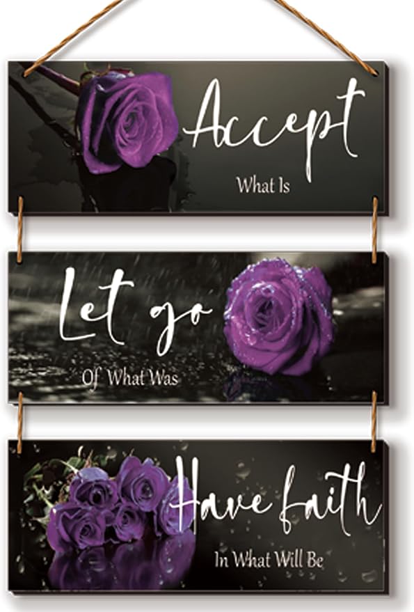 ZINYAZHE 3 Pcs Purple Bathroom Decor Inspirational Wall Decor Wooden Rose Wall Art Bedroom Wall Art With Accept Let Go Have Faith Quotes For Girl Women Office Living Room(Purple 10 x 4 Inch)
