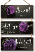 ZINYAZHE 3 Pcs Purple Bathroom Decor Inspirational Wall Decor Wooden Rose Wall Art Bedroom Wall Art With Accept Let Go Have Faith Quotes For Girl Women Office Living Room(Purple 10 x 4 Inch)