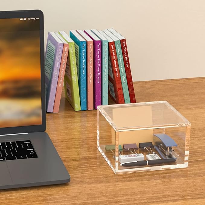 AITEE Decorative Acrylic Box with Lid, Clear Cube Display Case, Multi-Purpose Box Square Container for Holding Staples, Highlighters, Adhesive Tape, Paper Clips, Stamps, Display in Home (Large)