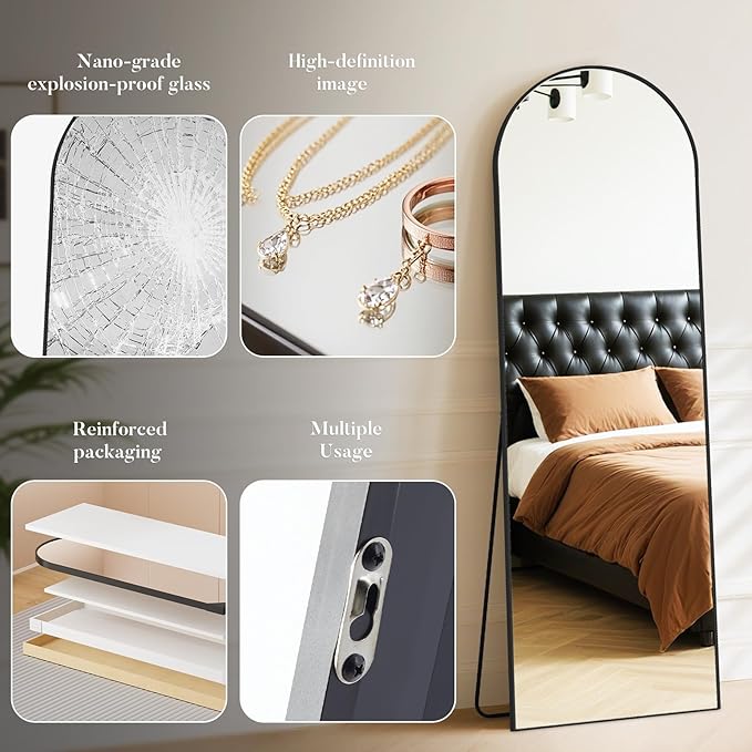 NEWBULIG Arched Full Length Mirror 59.2"x16" for Bedroom, Full Body Mirror with Stand, Hanging or Leaning for Wall, Aluminum Alloy Thin Frame Floor Standing for Living Room, Tall, Black