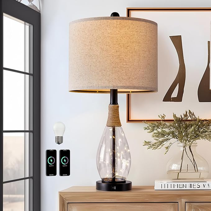 OYEARS Bedside Table Lamp with USB, 23‘’ Black Farmhouse Nightstand Lamps for Bedroom, Retro Rattan Table Lamps for Night Stands, Living Room, Farmhouse Table Lamp with Glass Nightlight Lamps