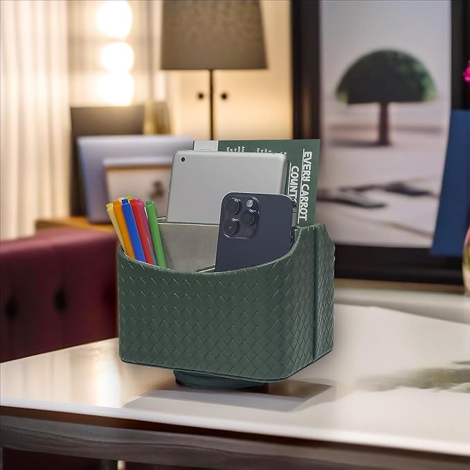 UnionBasic Rotating Desk Organizer, 360 Desk Spinning Caddy, Desktop TV Guide/Mail/Media/Remote Controller Holder Organizer, Woven Green