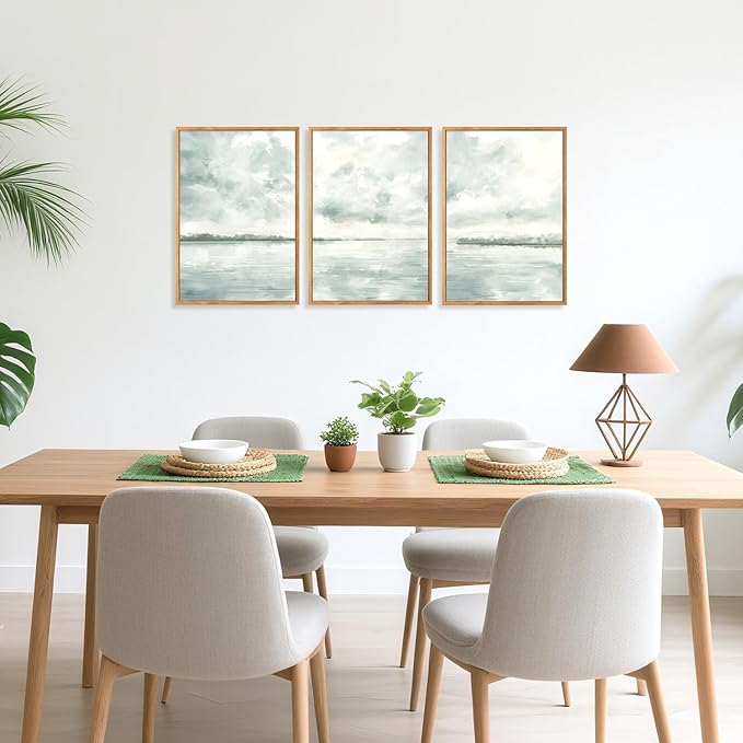 CHDITB Serene Lake And Sky Framed Canvas Wall Art Set Of 3, Minimalist Wall Decor, Modern Cloudscape Painting, Neutral Abstract Nature Blue Art Prints For Zen Yoga Bedroom Decor (12X16Inch)