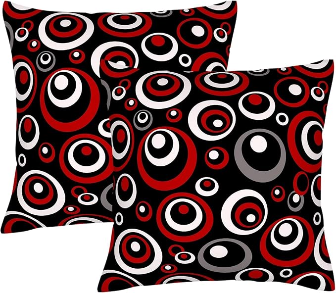 Red and Black Circular Pattern Throw Pillows Covers 18x18 Inch Set of 2, Gray Modern Abstract Pillowcases, Grey Geometric Circle Cushion Covers for Sofa Living Room Couch Bedroom, Modern Home Decor