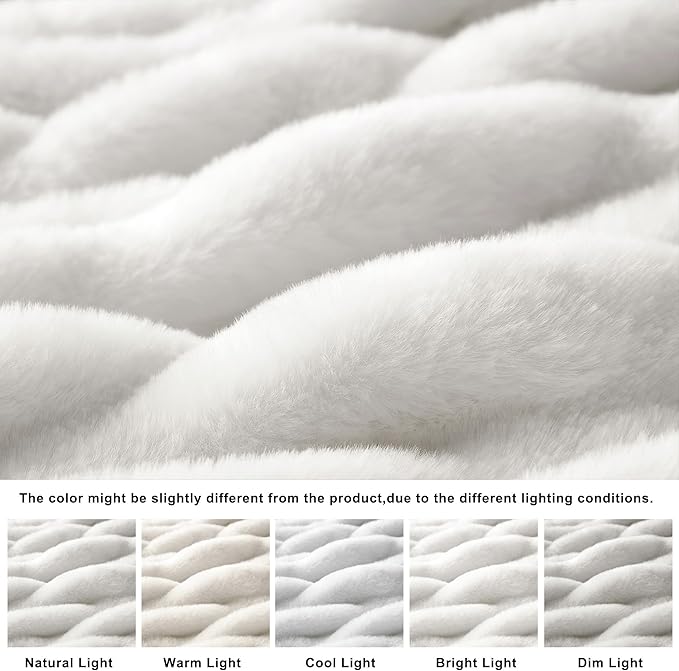 WDCOZY Ruched Faux Fur Throw Blanket Soft Cozy Fluffy Luxurious Blankets Couch Bed Sofa Chair Home Decor Warm Furry Fall Winter Plush Rabbit Fur Bubble Blanket 60" x 80", Ivory Cream White