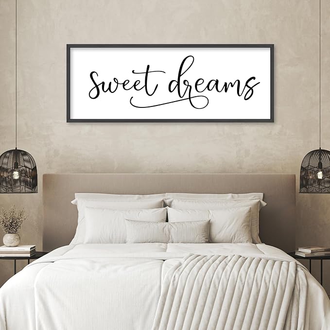 YWJKWLGS Sweet Dreams Wall Decor Sign 40x15 Inch Handwritten Art for Bedroom & Kids Room 40x15 Inch Above Over Bed Rustic Modern Farmhouse Large Wooden Framed Wall Hanging Art (Black)