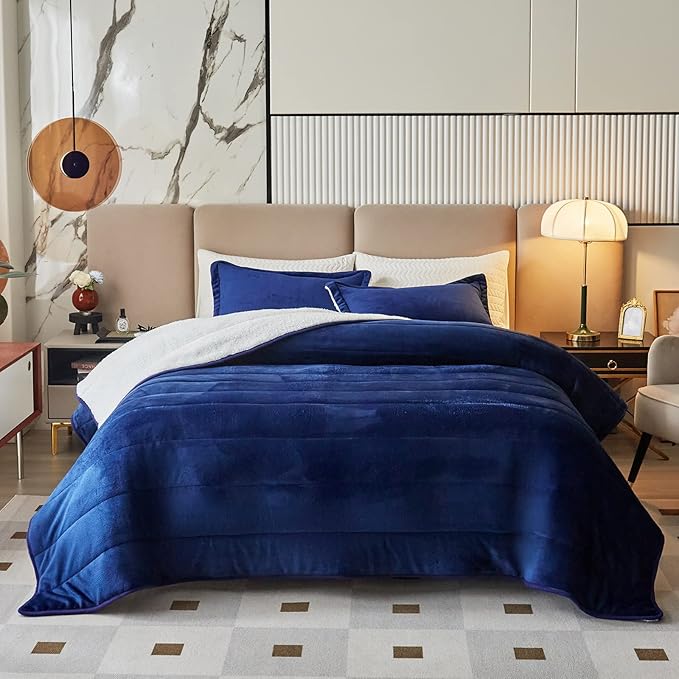 3-Layer Luxury Flannel Fleece Thick Bed Blanket King Size, Soft Plush Velvet Sherpa Blanket with 2 Pillow Shams Heavy Warm for Winter, Breathable n Washable, Navy Blue