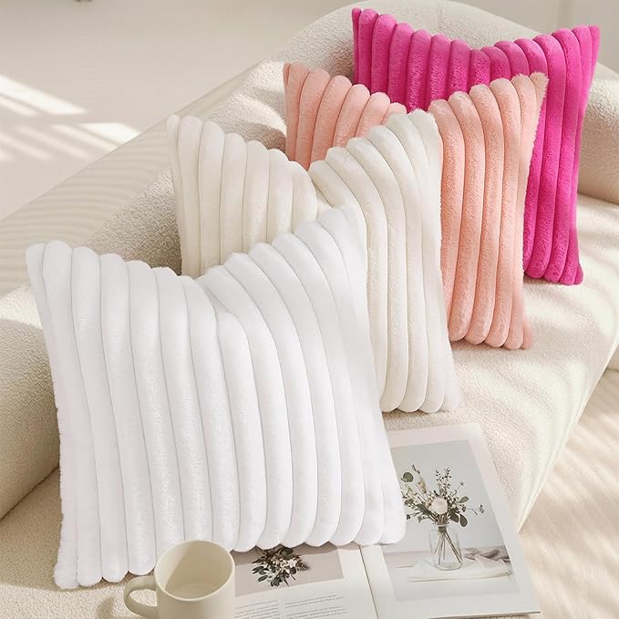 decorUhome Summer Cozy Faux Fur Throw Pillow Covers 16x16 Set of 2 Decorative Plush Striped Modern Farmhouse Boho Couch Pillow Cases with Velvet Back for Sofa Bed Living Room, Blush Pink