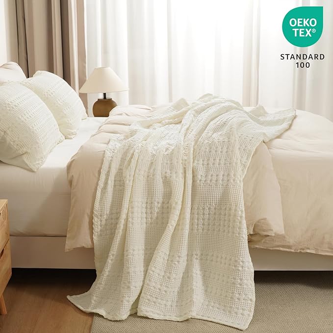 PHF 100% Cotton Waffle Weave Throw Blanket, Soft Lightweight Breathable Cozy Throws for Couch Bed Sofa, Luxury Aesthetic Blanket Gift for Home Decor & Office, 50"x60", Cannoli Cream