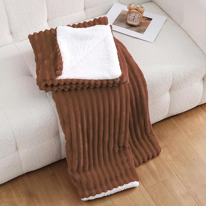 Chocolate Sherpa Fleece Throw Blanket 50”×60” for Couch Sofa Bed,Super Soft Cozy Plush Double Side Thick Flannel Blanket with Striped Design Lightweight for Adults,Woman,Girls