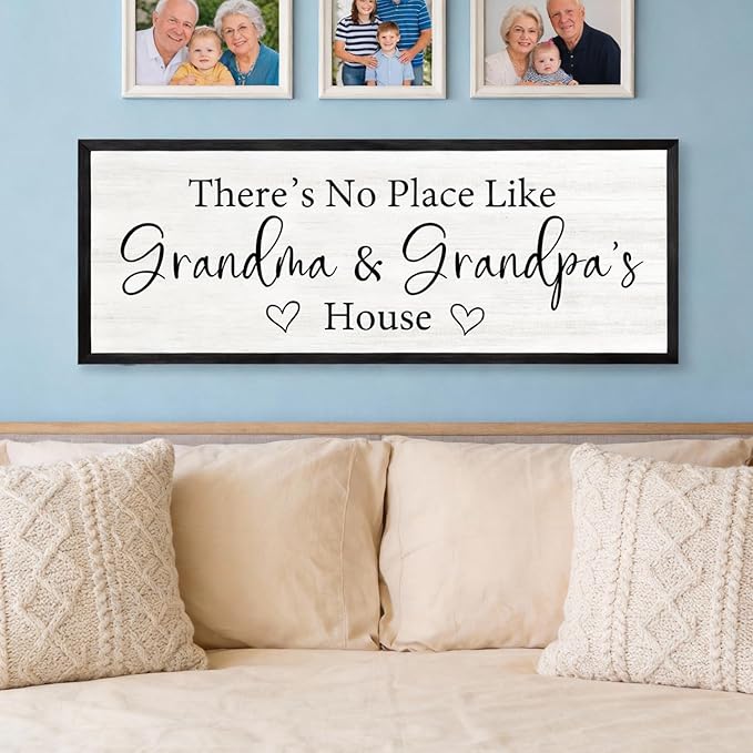 There’s No Place Like Grandma and Grandpa’s House Wall Decor: 32x12 Inch Framed Wooden Family Quote Sign, Rustic Farmhouse Wall Art for Grandparents’ Home, Living Room or Entryway, Black