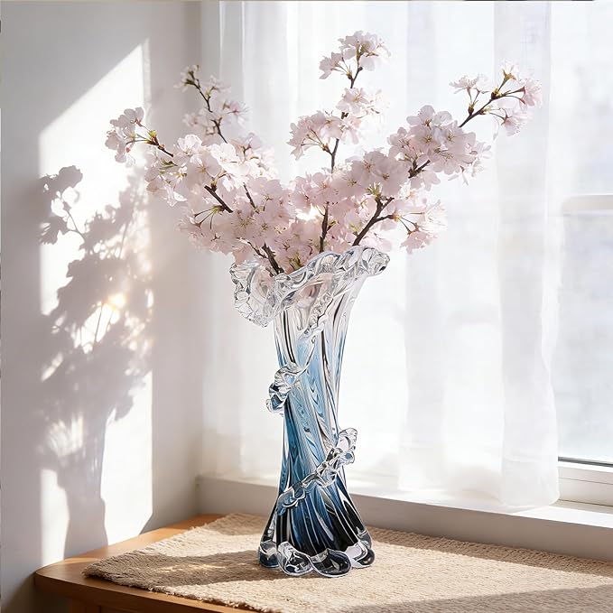 Hand Blown Blue Glass Vase, Unique Art Beautiful Ocean Glass Vase for Home Centerpiece, Coffee Table, Living Room, Office Decor - 11.8" H(Large)