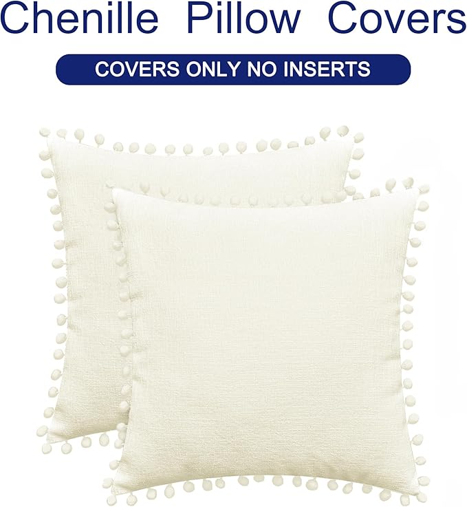 CaliTime Throw Pillow Covers Decorative 22 X 22 Inches Pack of 2 Cozy Solid Dyed Soft Chenille Cushion Cases with Pom Poms for Couch Sofa Bed Living Room Home Cream