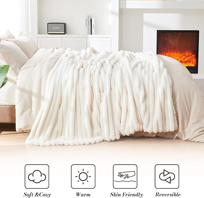 Lotus Karen Faux Fur Twin Blanket for Couch, Cozy Soft Fluffy Fuzzy Cream White Blanket, Striped Warm Thick Furry Plush Shaggy Small Blankets for Women,60x80 Inches