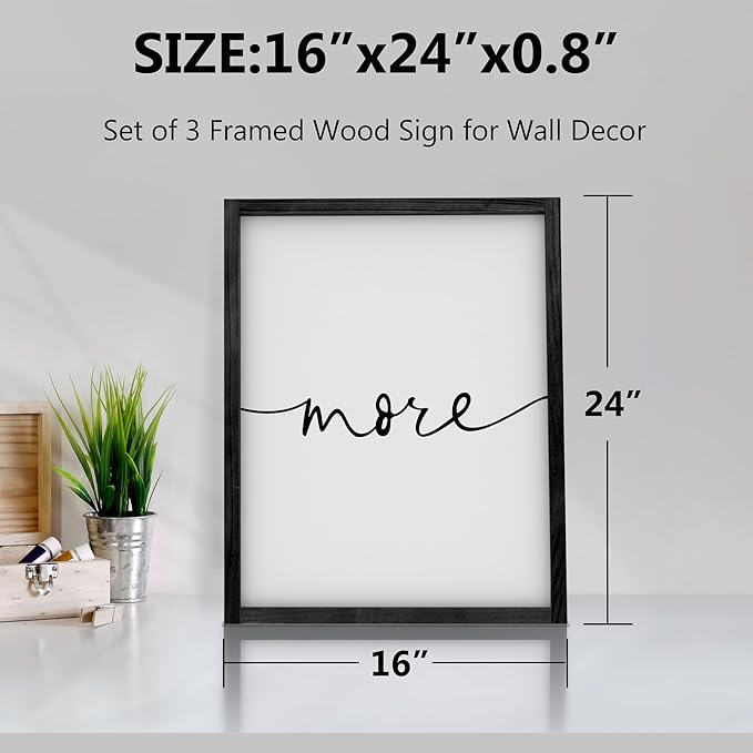 Heiple Love You More Sign Set of 3 Framed Above Bed Wall Decor Farmhouse Bedroom Decor Wood Art Rustic Master Bedroom Essentials Home Wall Decoration (Black, 16"x24")
