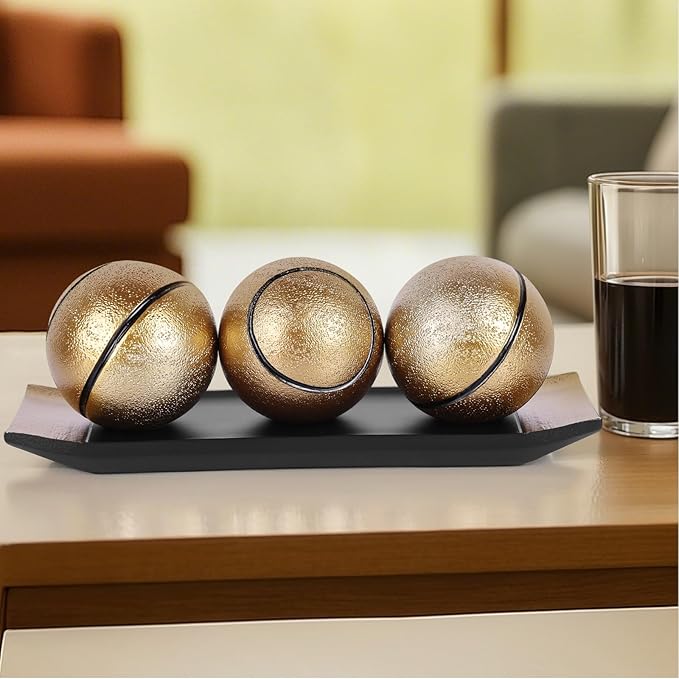 LCCCK Decorative Tray with Balls Set, Black Gold Decor Orbs TV Stand, Coffee Table Centerpiece, Elegant Orbs Decorative Balls for Dining Kitchen Console Fireplace Decor Centro De Mesa De Comedor