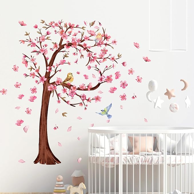 3D Flower Tree Wall Decals Peel and Stick Large Cherry Blossom Stickers for Wall in Heart Shape with Birds Removable Wall Stickers & Murals for Living Room Bedroom Girl Nursery Classroom Home Decor
