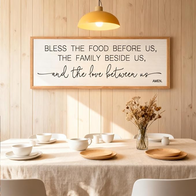 Bless the Food Before Us, the Family Beside Us, and the Love between us Framed Wall Art for Dining Room, 40''×15'' Rustic Holy Positive Religious Bible Verse for Christian God Jesus Christ Prayer