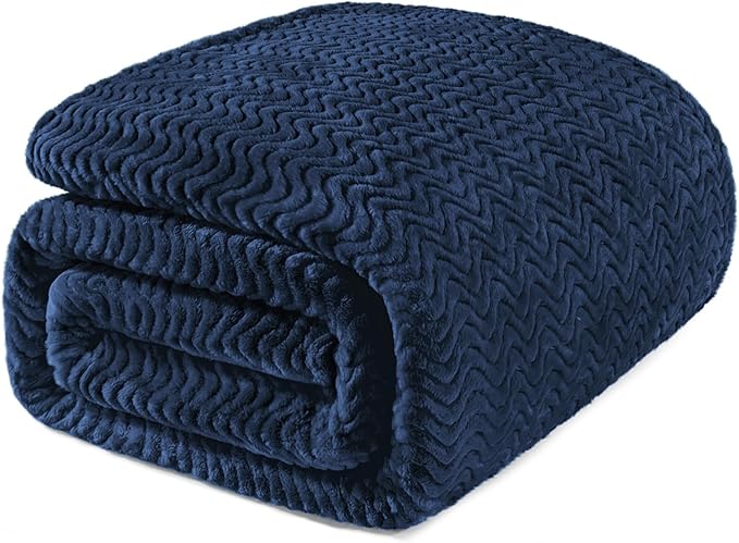 Exclusivo Mezcla Queen Blanket for Bed, Cozy Lightweight Fleece Blankets for All Season, Decorative Giftable Fuzzy Plush Wave Textured Suitable for Women, Men, Navy Blue, 90x90 Inches