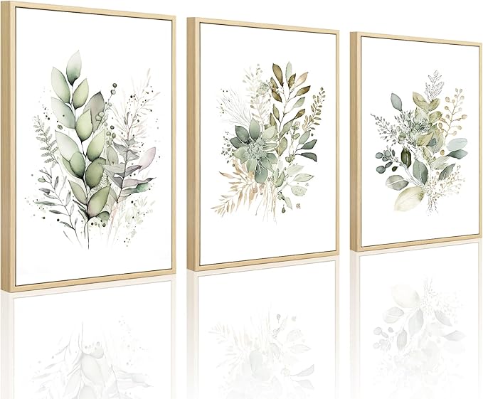 Watercolor Botanical Wall Art Set of 3 Boho Floral Canvas Wall Decor Prints Sage Green Wildflower Wall Art Modern Flower Pictures Botanical Painting for Bedroom Bathroom 12x16 Inch Framed