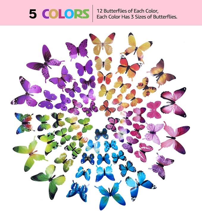 60pcs Butterfly Wall Decor, Plastic Fake Butterflies Wall Art Artware Decorations for Birthday Wedding Christmas Party Decorations, Cake Decorations, Removable Stickers