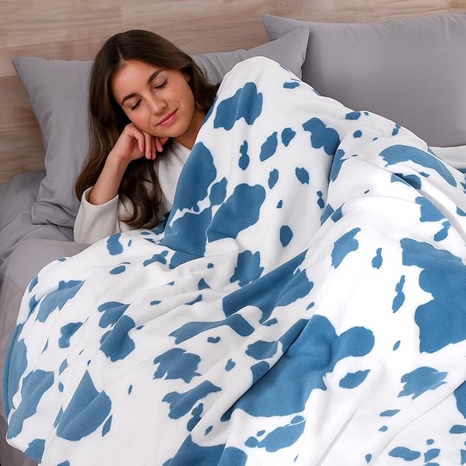 Cozy Bliss Cow Print Fuzzy Throw Blanket for Couch - Thick Soft Warm Non Shedding Fleece Blankets for Western Décor Room, for Kids, Women Men Girls, Teal Blue 50"*60"