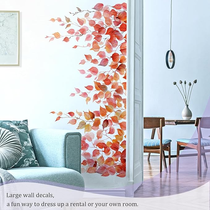 Autumn Leaves Wall Decals Peel and Stick, Large Leaves Vines Vinyl Wall Stickers, Removable Vine Home Decor Art for Bedroom Living Room Classroom Office