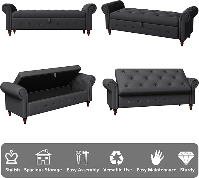 Aoowow Rolled Arm Storage Benches for Bedroom End of Bed Ottoman Bench 63" Long Bench with Storage and Seating for Living Room,Entryway,Window,Button Tufted with Solid Wood Legs (Linen Dark Grey)