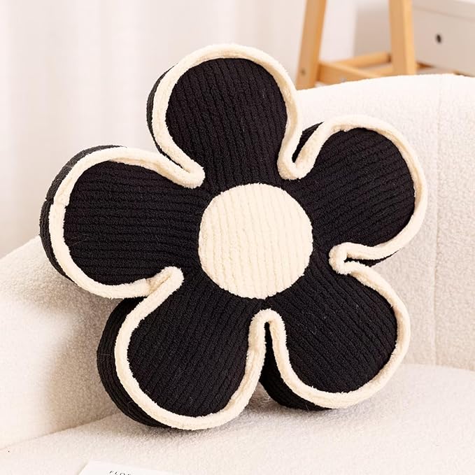 Kcvvcr Flower Pillow, Soft Shaped Floor Cushion, Decorative Throw Pillow, Cute Seating Cushion, Room Decor Plush Pillows for Sofa Couch Bed (17.7 Inch, Black)