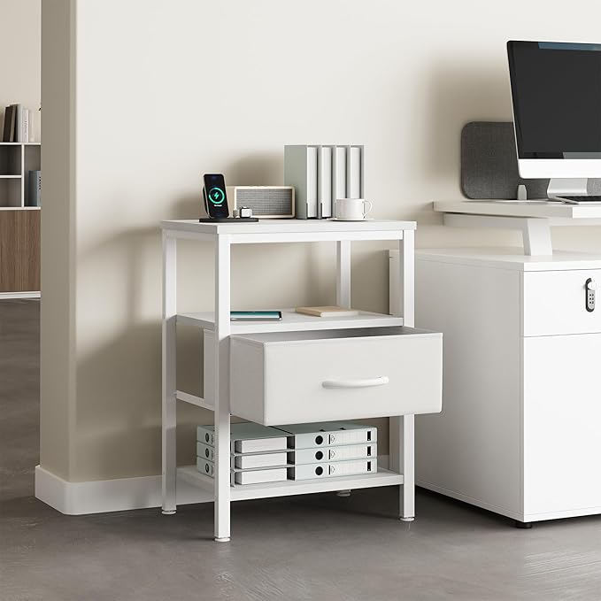 DUMOS Bedside Table with Charging Station and Adjustable Fabric Drawer Compact Nightstand 3-Tier Storage Organizer End Table for Bedroom,White