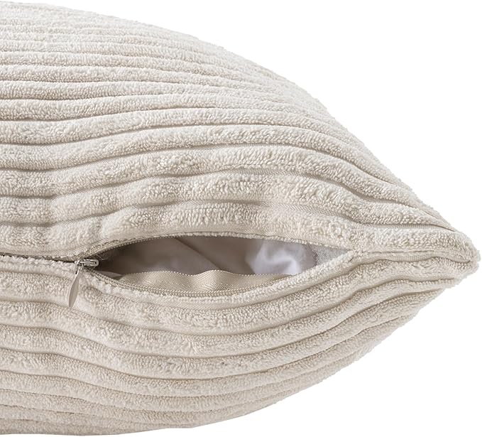 Volcanics Set of 4 Beige Cream Corduroy Decorative Couch Throw Pillow Covers 18x18 Inch, Modern Double-Sided Striped Cushion Cases, Soft Boho Square Accent Pillow Covers, Mix and Match for Home Decor