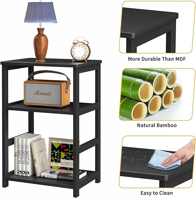 VASMIA End Table, 3-Tier Side Table with Storage Shelf, Bamboo Nightstand Bedside Table for Small Spaces, Bedroom, Living Room, Entryway,Farmhouse,Black