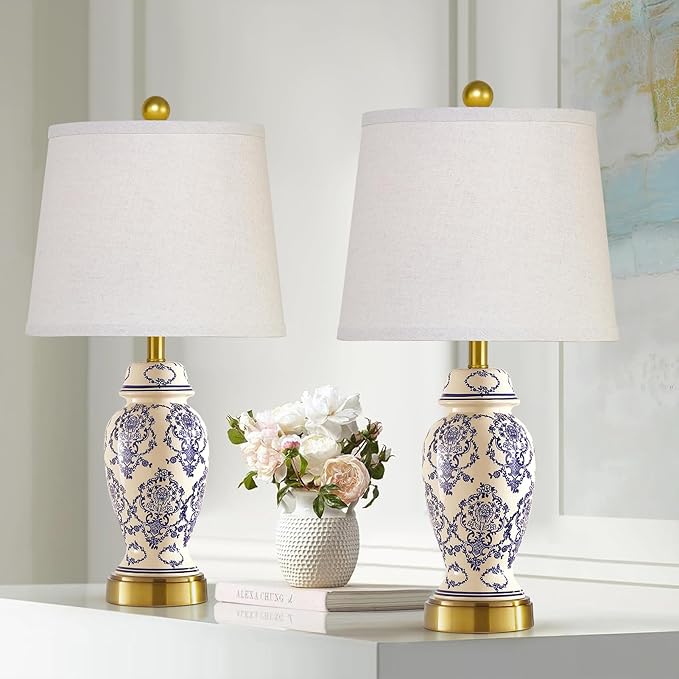 RORIANO Chinoiserie Ceramic Small Table Lamps Set of 2 for Living Room Bedroom Bedside, Traditional Beige and Blue Porcelain Classic Table Lamp for Nightstand Entryway, 2 LED Bulbs Included